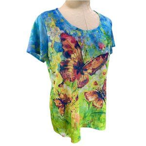 XL Petite Thomas and Olivia Women's Embellished Butterfly Scoop Neck Tshirt
